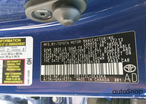 2014 Toyota Corolla S Plus from USA, damaged, VIN 2T1BURHE1EC084389